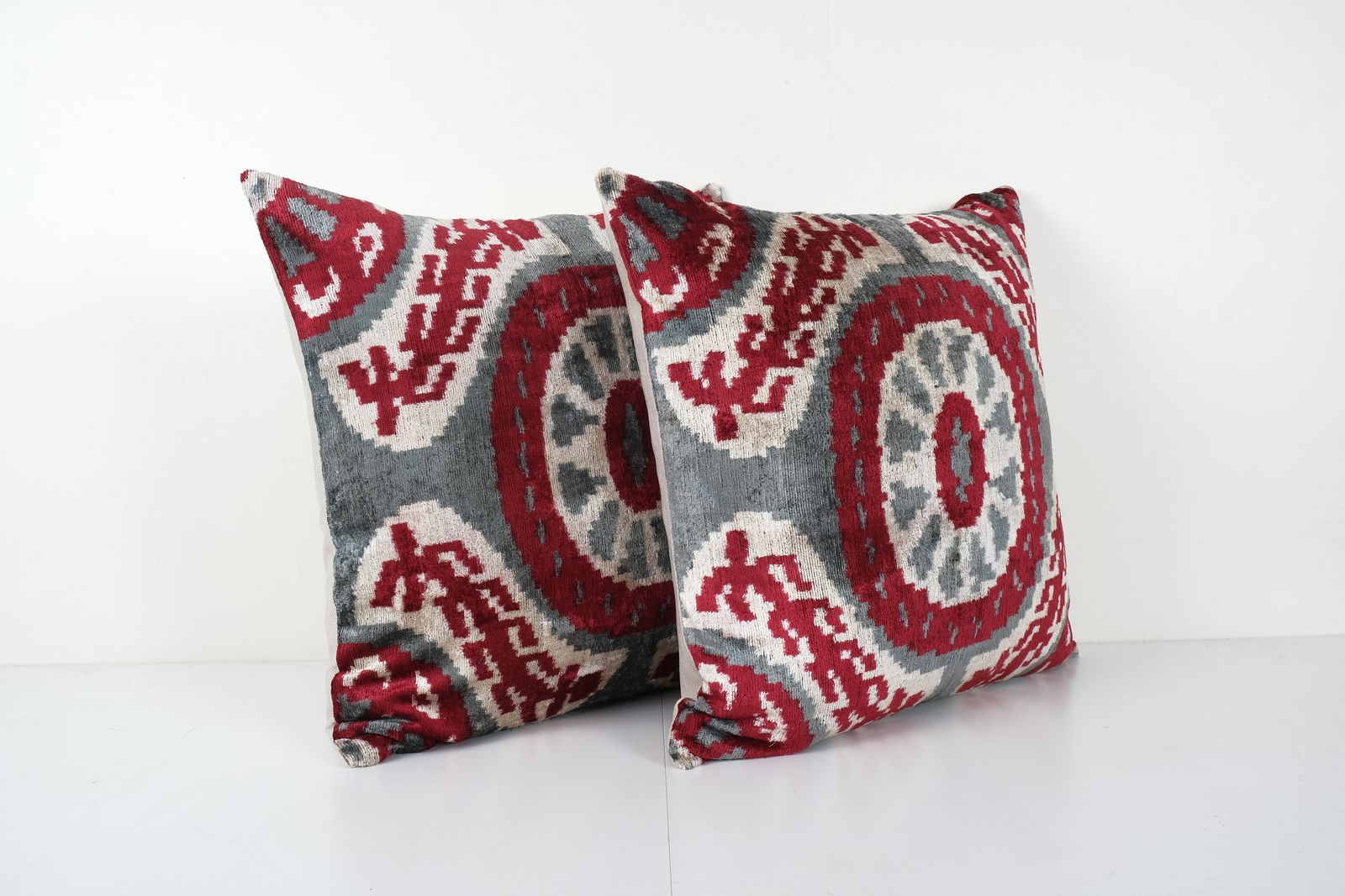 Granite Gray Silk Ikat Velvet Pillow, Set Of Two Silk Ikat Red Cushion Cover, Pair Square Velvet  24'' X 24'' photo vinterior