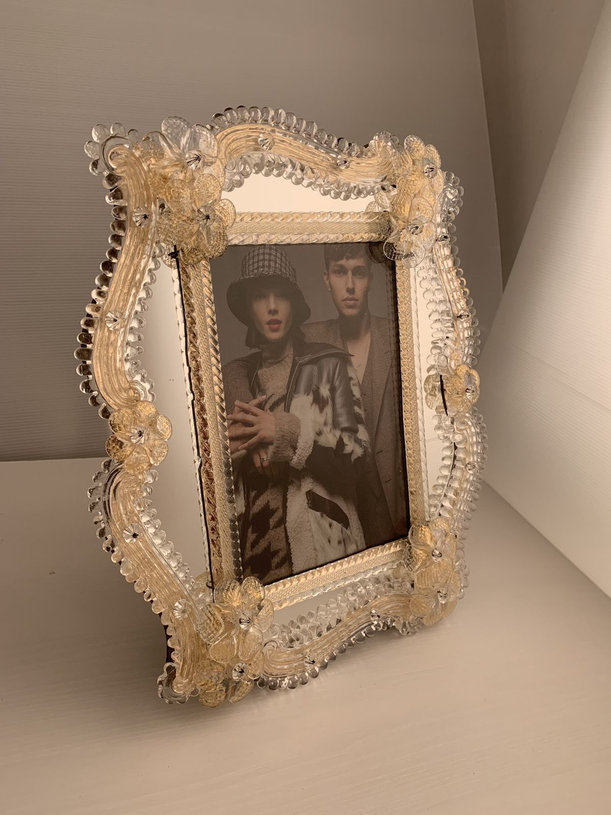 Transparent And Gold Murano Glass Photo Frame With Flowers. photo furniture