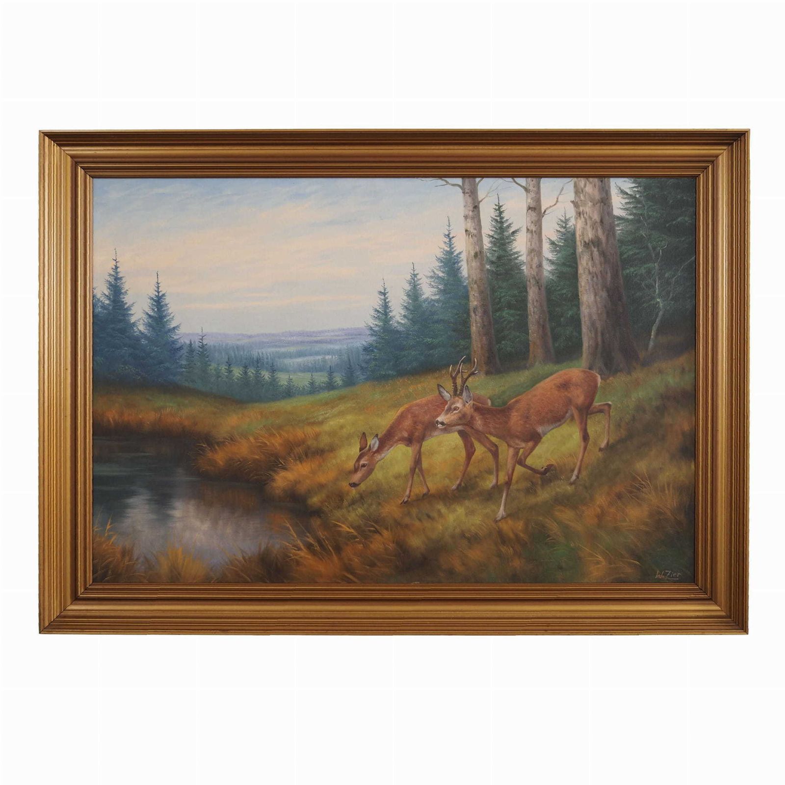 Painting „Two Deer By The Water”, Danish Design, 1960s, By Wolmer Zier
