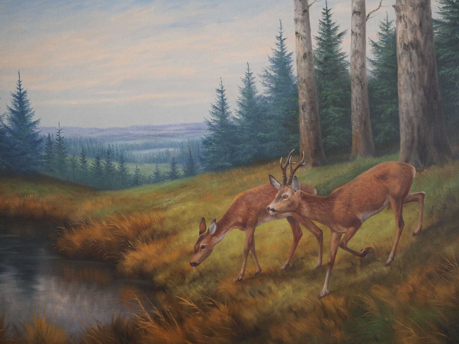 Painting „Two Deer By The Water”, Danish Design, 1960s, By Wolmer Zier photo 899.0