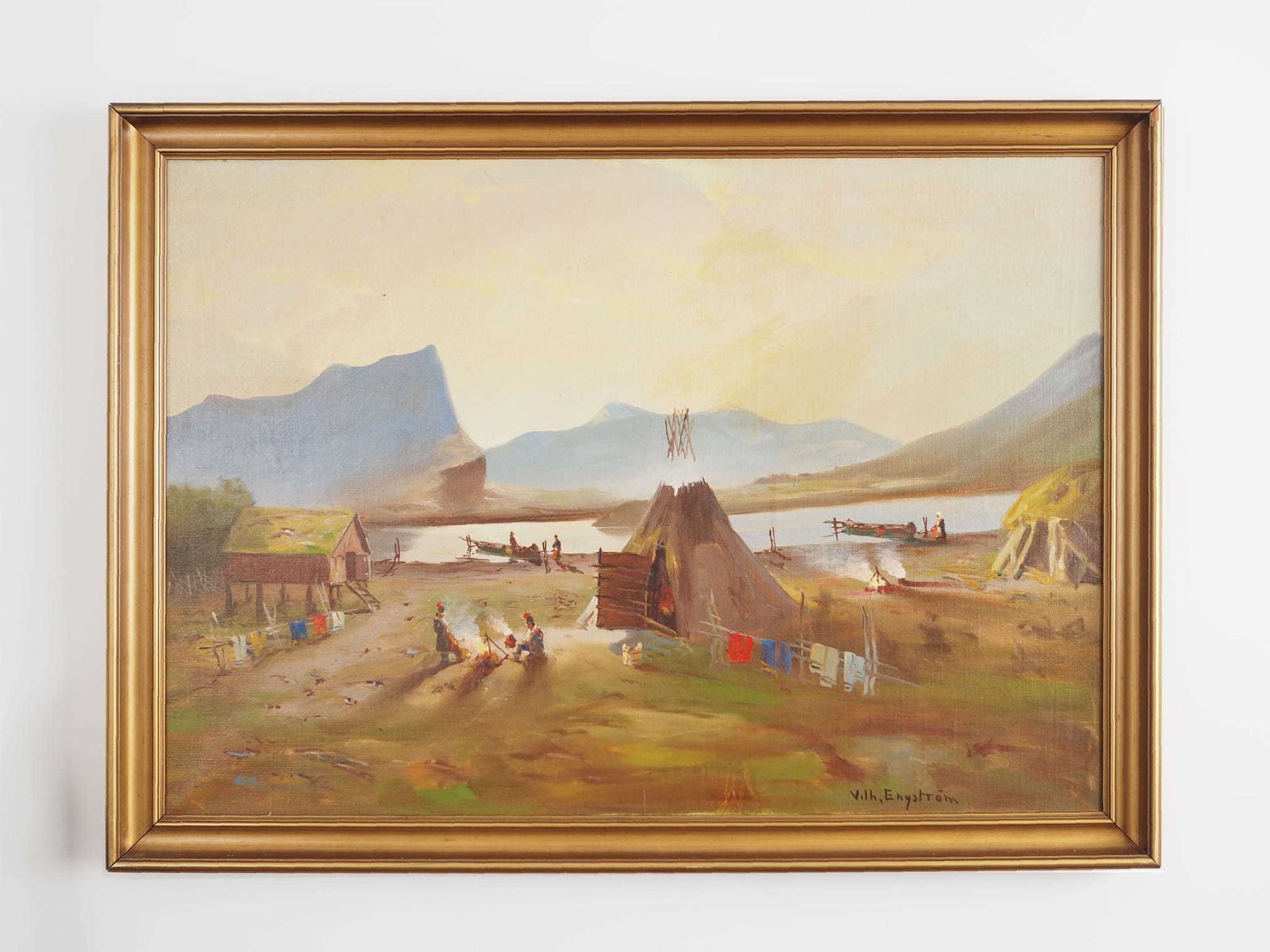 Painting „The Riverside Camp”, Scandinavian Design, 19th Century, By Vilhelm Oskar Engström photo for sale