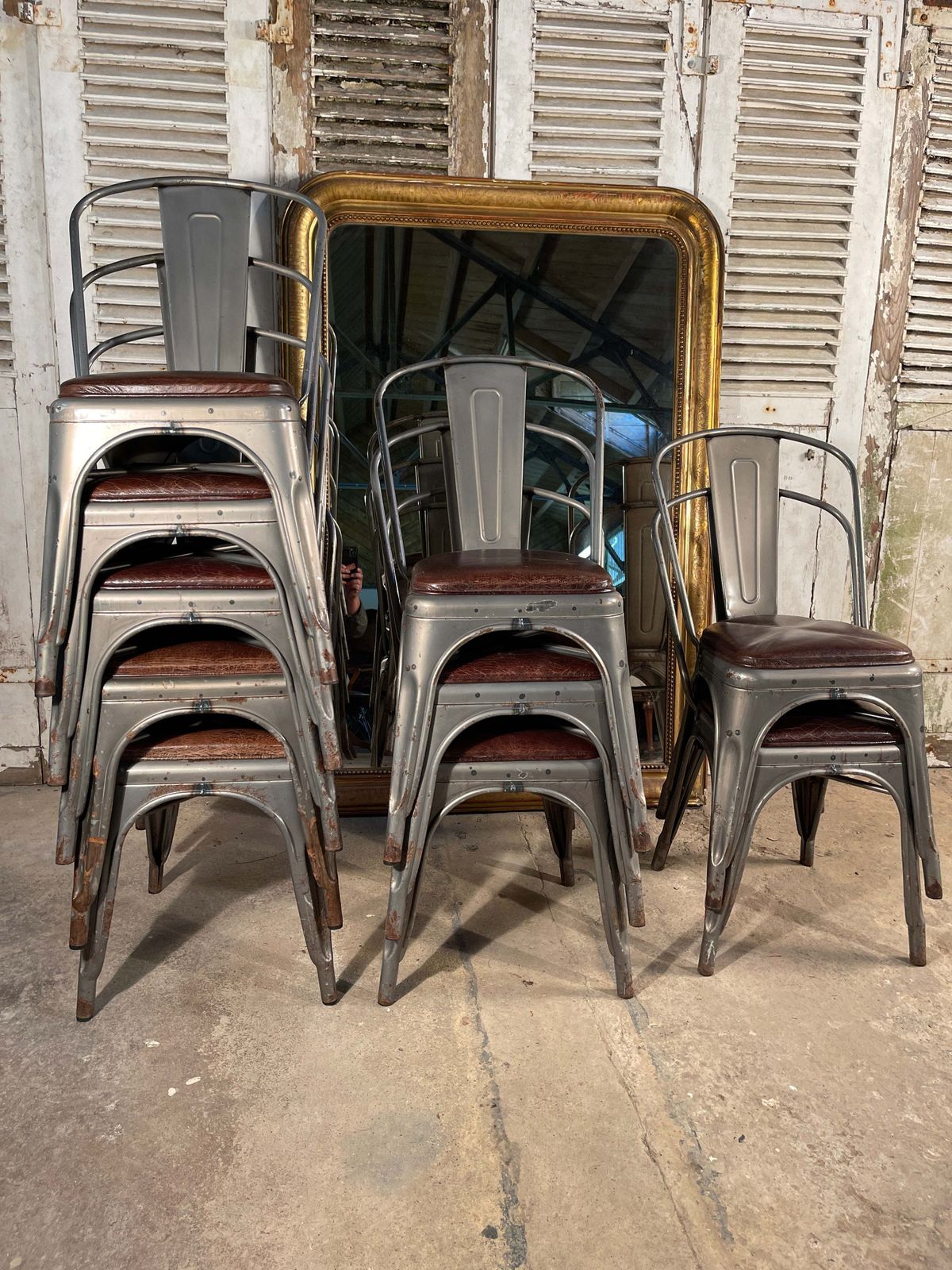 Vintage French Stacking Tolix Café Chairs Leather Seat Metal Frame photo furniture