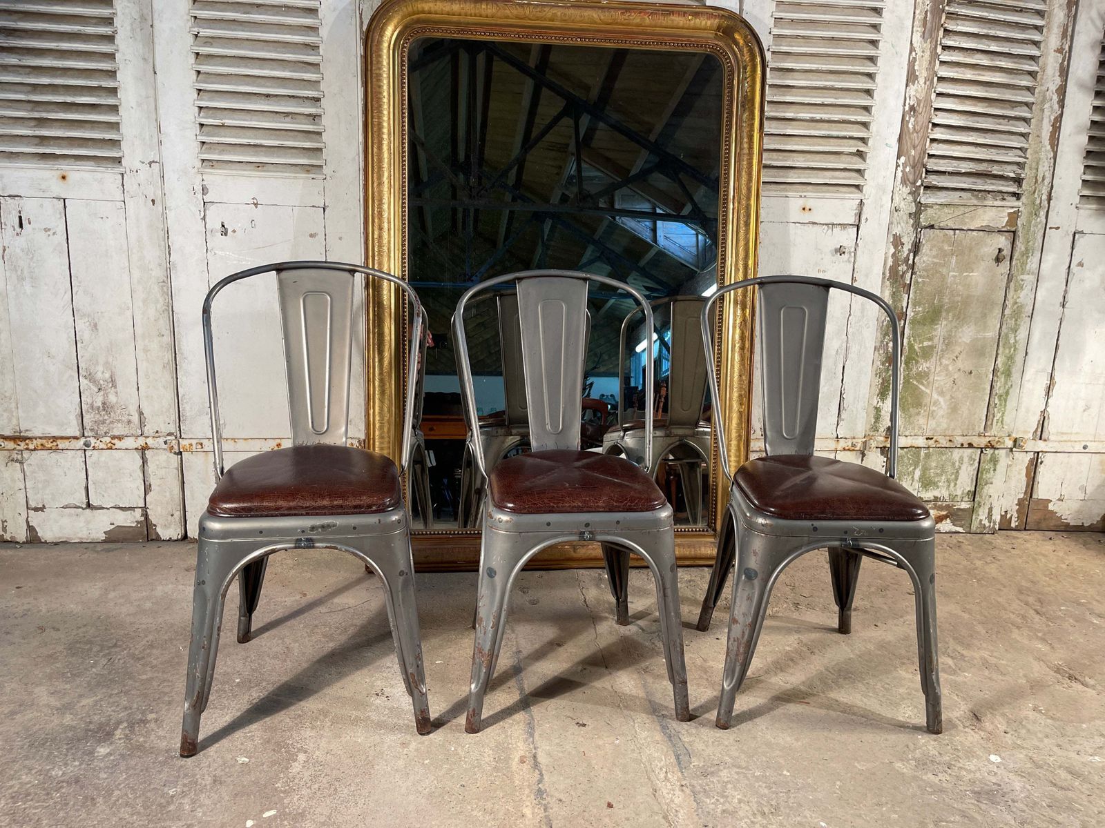 Vintage French Stacking Tolix Café Chairs Leather Seat Metal Frame photo Furniture