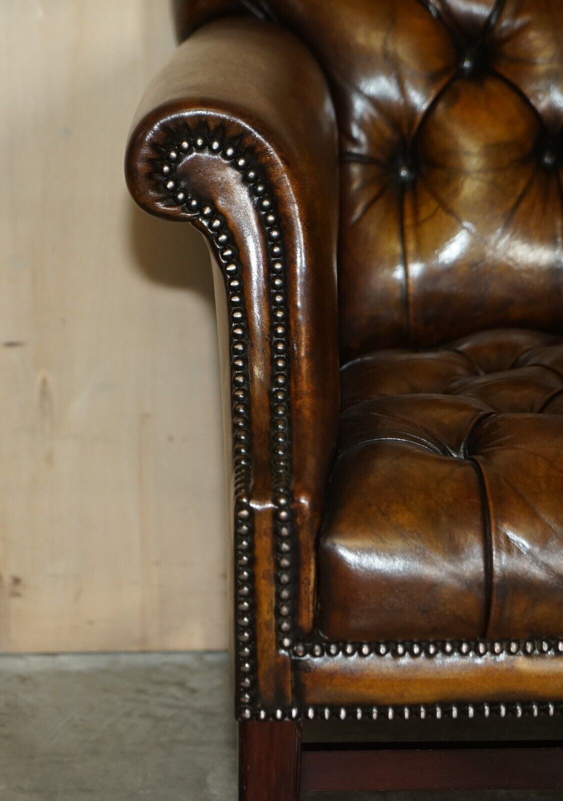 Antique Restored Cigar Brown Leather Chesterfield Tufted Library Armchair photo vinterior