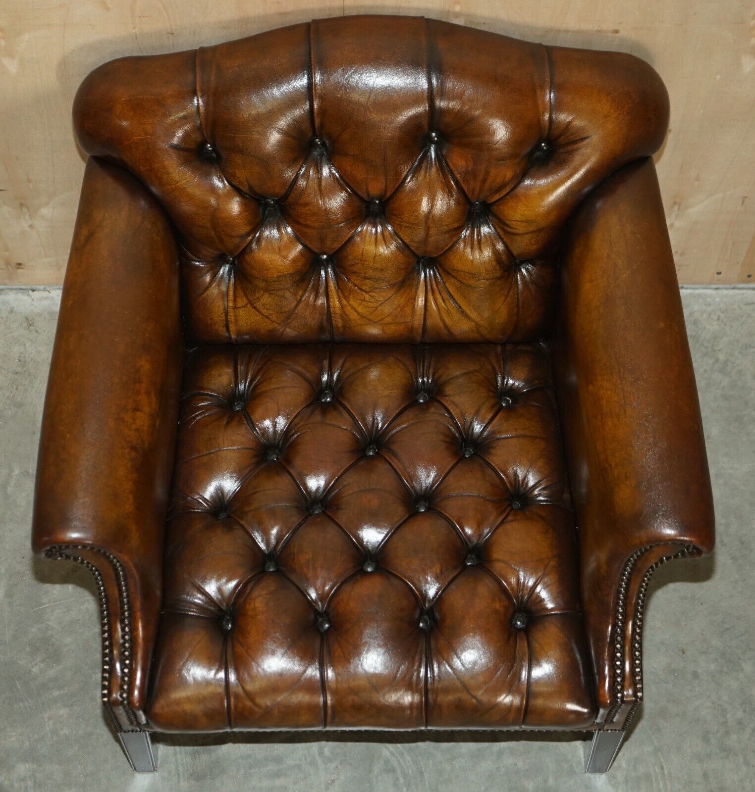 photo for sale Antique Restored Cigar Brown Leather Chesterfield Tufted Library Armchair