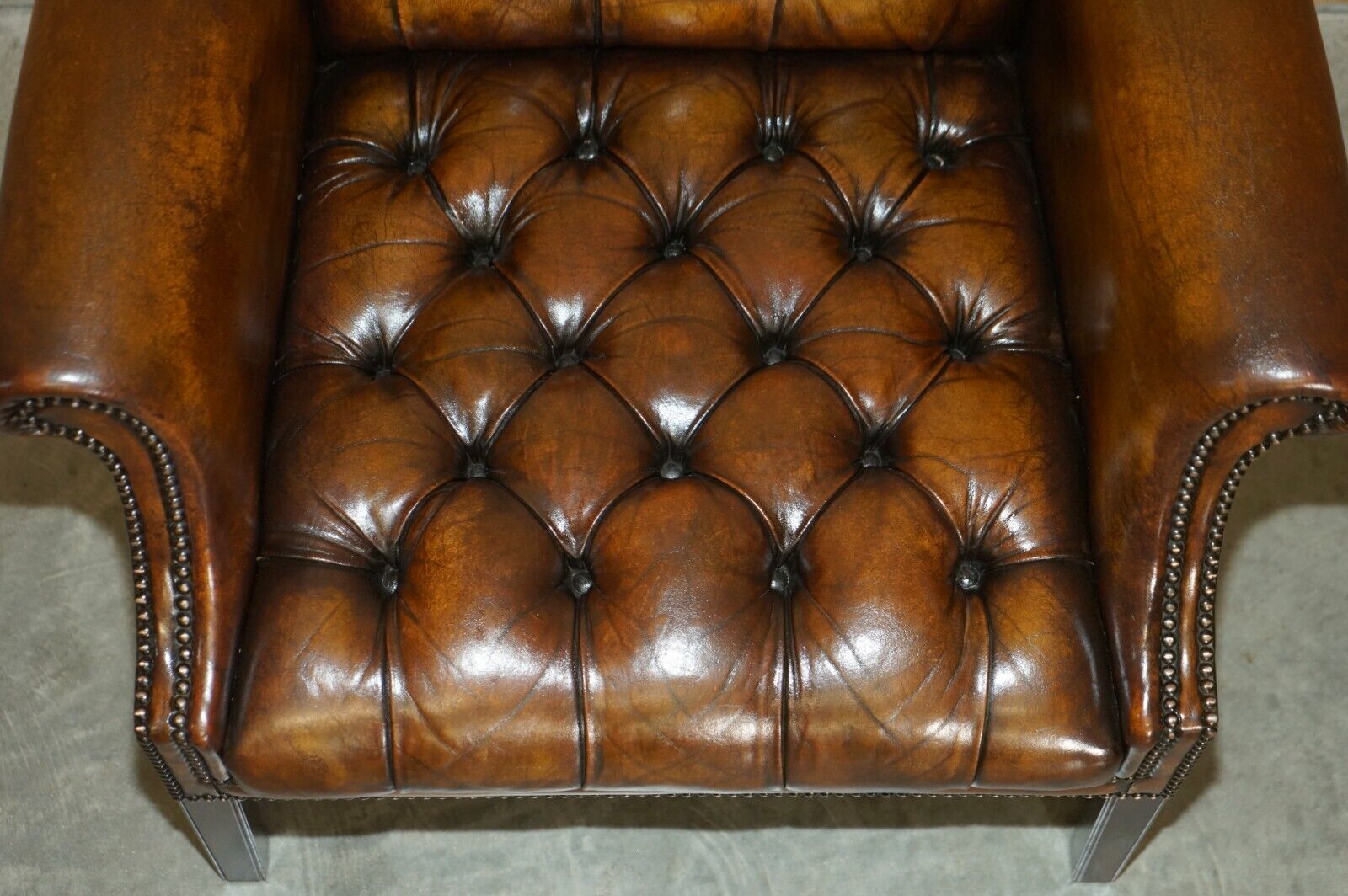 Furniture Antique Restored Cigar Brown Leather Chesterfield Tufted Library Armchair photo