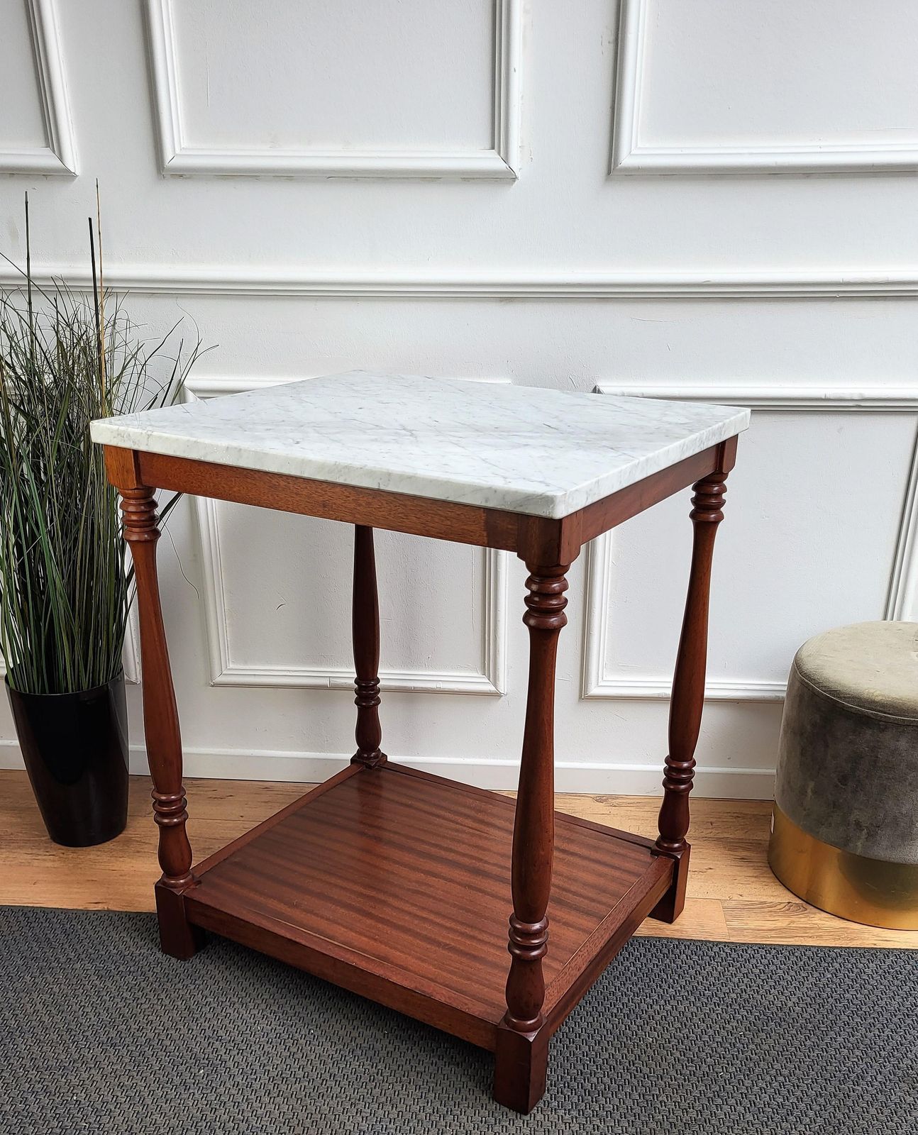 Italian Mid Century Modern Wood And White Marble Top Work Or Side High Table photo vinterior