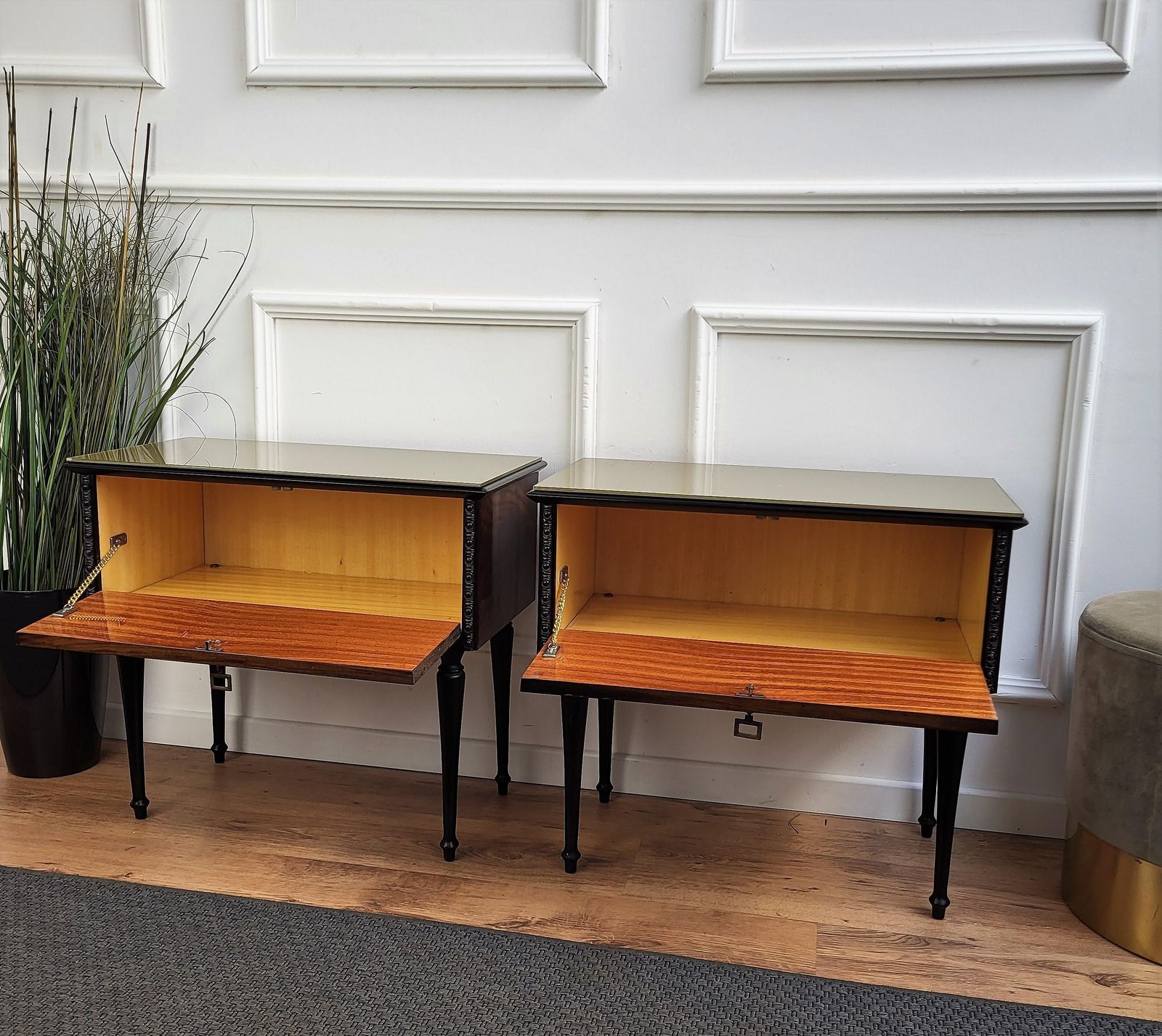 Pair Of Italian Midcentury Art Deco Nightstands Bedside Tables Walnut Glass Top photo Furniture