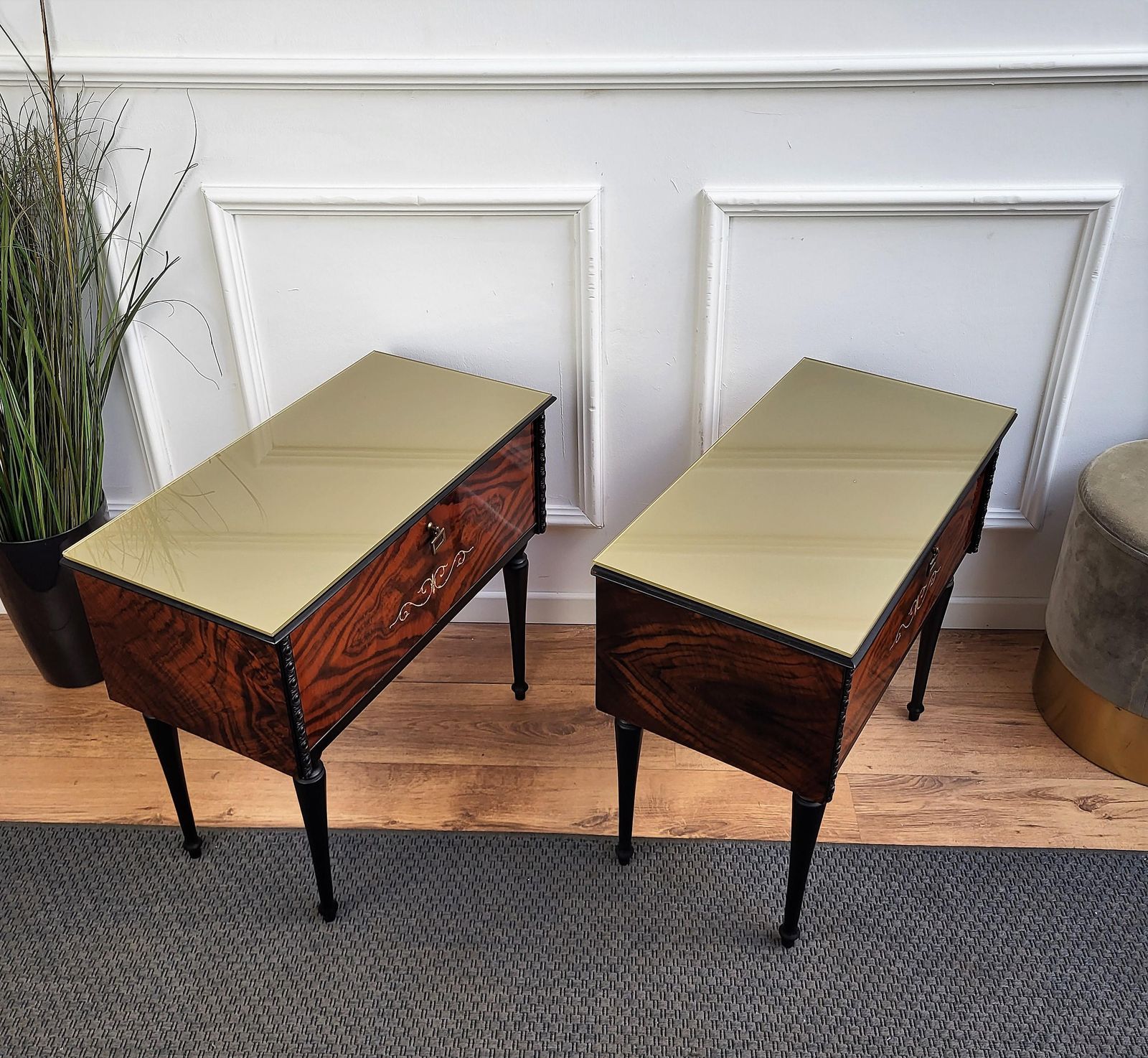 Pair Of Italian Midcentury Art Deco Nightstands Bedside Tables Walnut Glass Top photo vintage