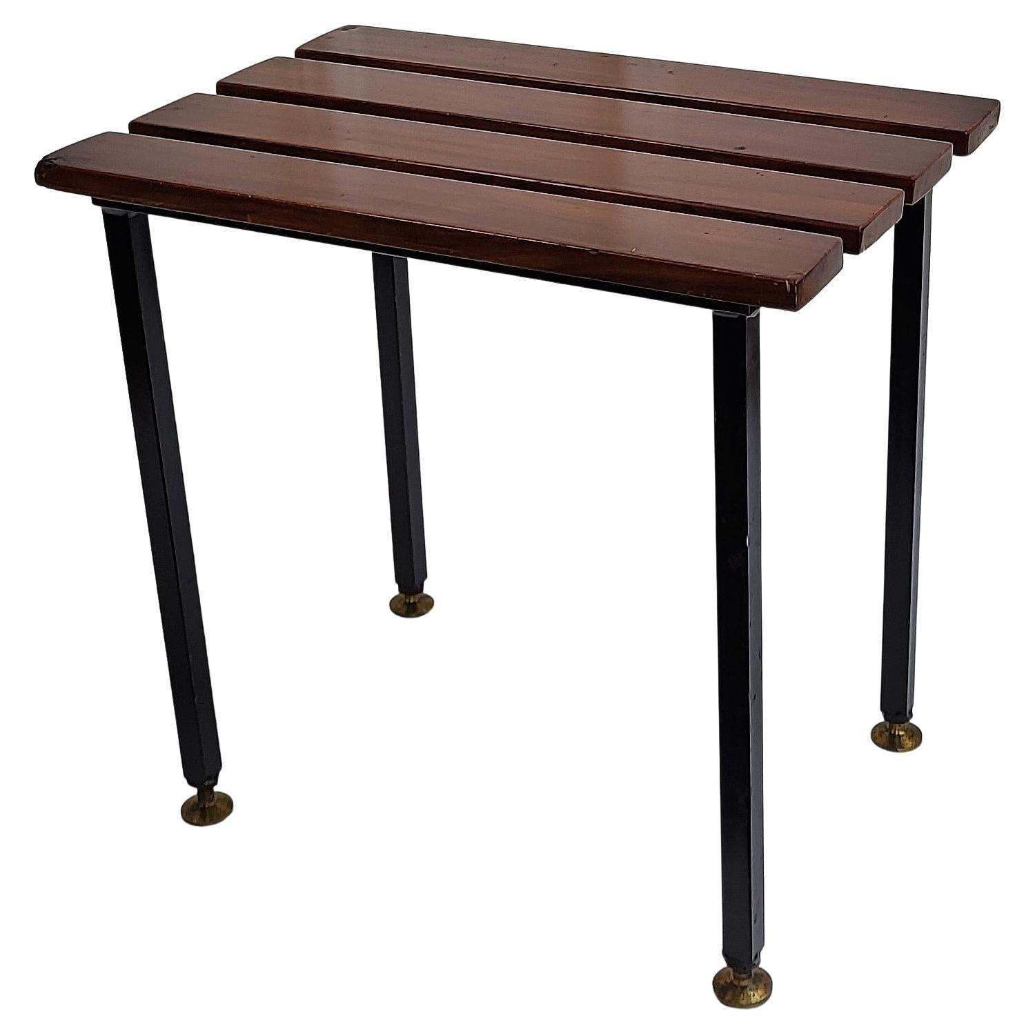 Mid Century Modern Italian Metal Base Brass Feet Wooden Slat Stool