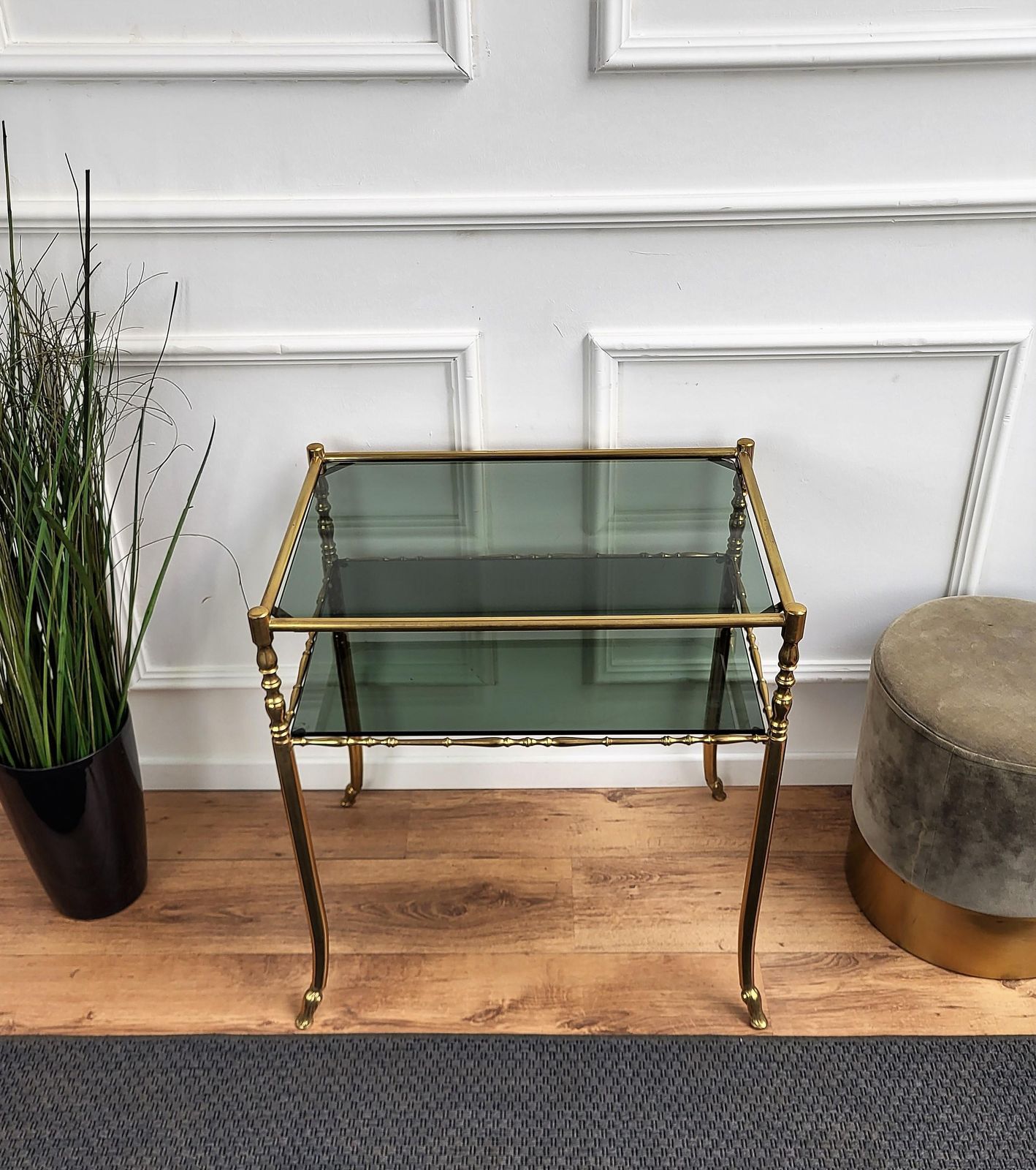 1980s Hollywood Regency Mid Century Modern Brass And Smoked Glass Console Table photo 1320.0