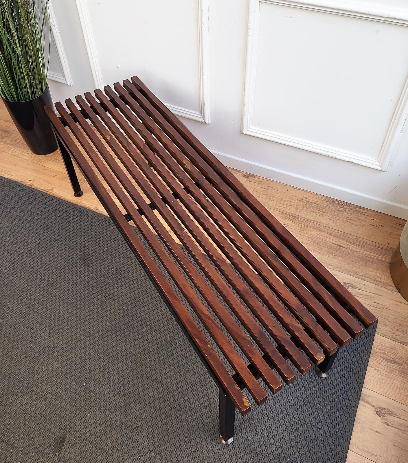 Mid Century Modern Italian Metal Base Brass Feet Wooden Slat Bench photo Furniture