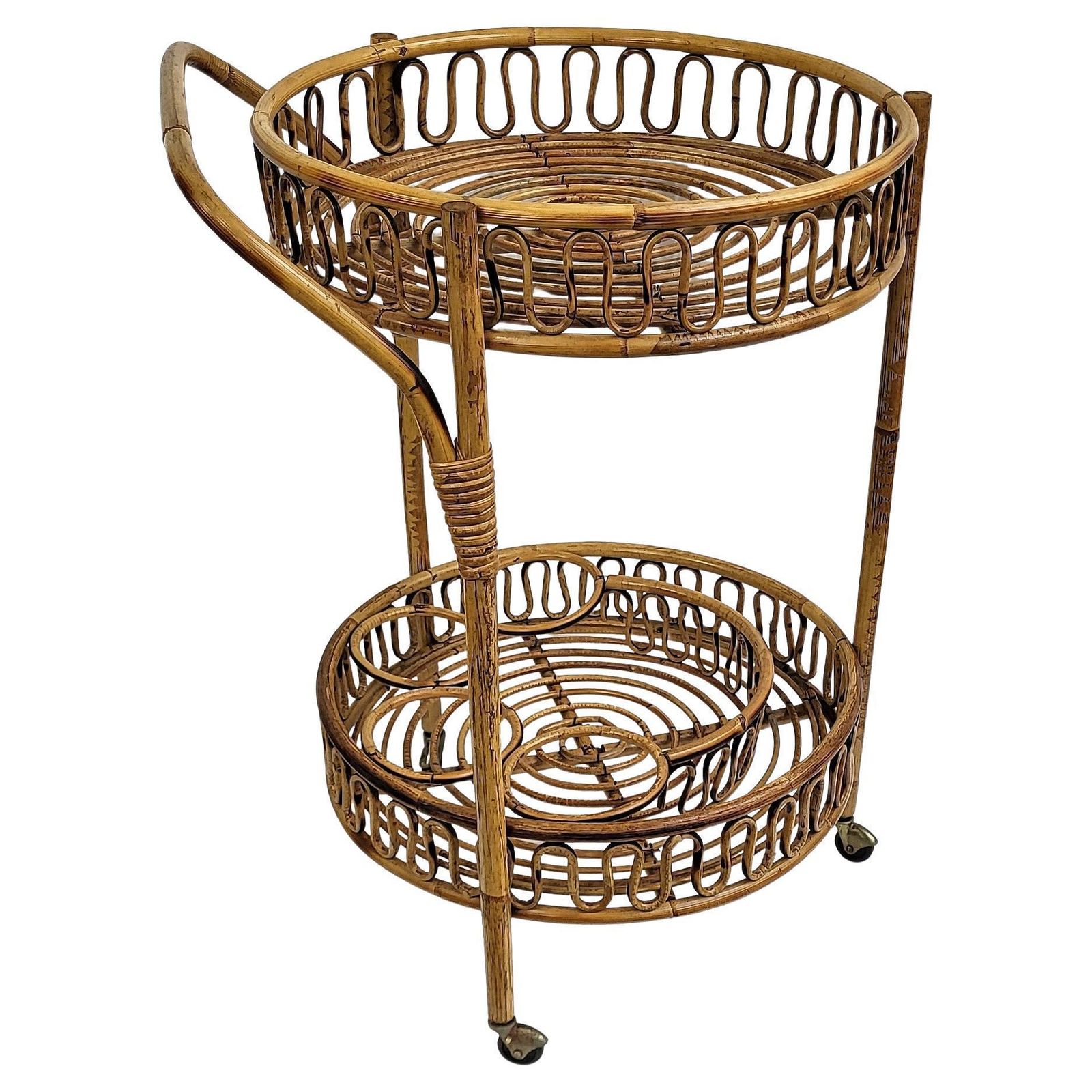 1960s Italian Bamboo Rattan Bohemian French Riviera Round Serving Bar Cart