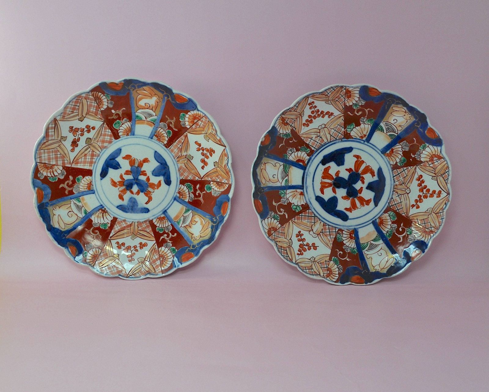 Antique Imari Plate Pair | Meiji Period | Cobalt Blue Red Orange | Japanese Wall Plates | Chinoiserie Maximalist Decor | 19th Century photo furniture