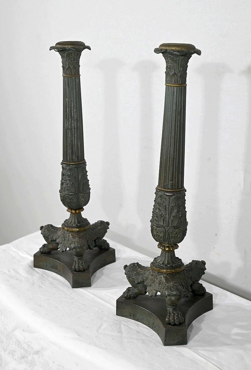 Pair Of Bronze Candlesticks, Restoration Period   Early 19th Century photo for sale