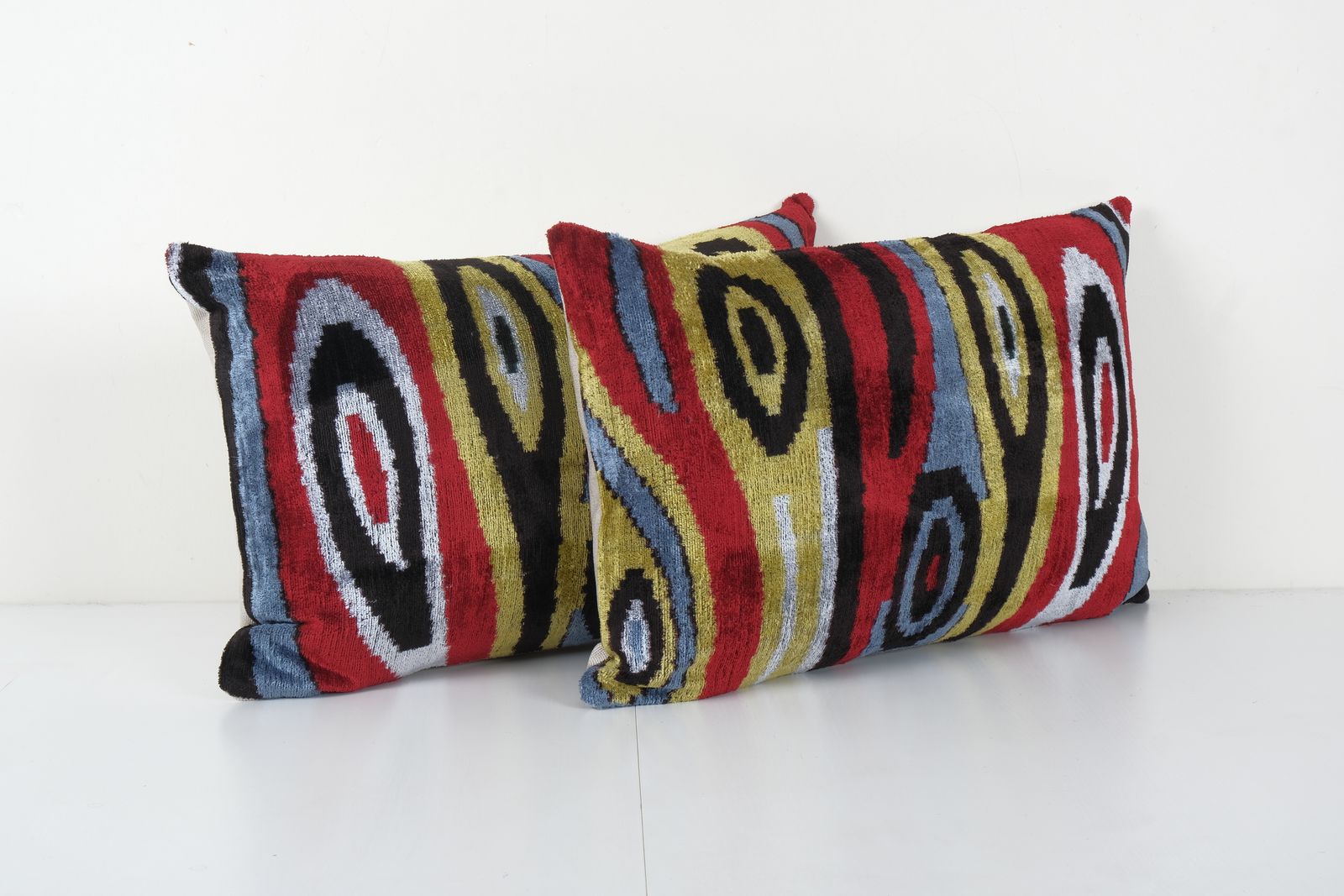 Silk Ikat Velvet Pillow, Set Of Two Silk Ikat Lumbar Cover, Extraordinary Design Velvet Cushion 16'' X 24'' photo Textiles