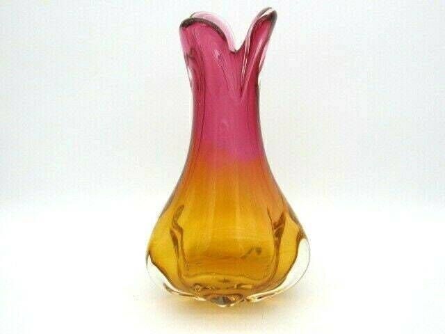 Beautiful Chribska Flower Mouth Pink And Orange Sommerso Art Glass Vase