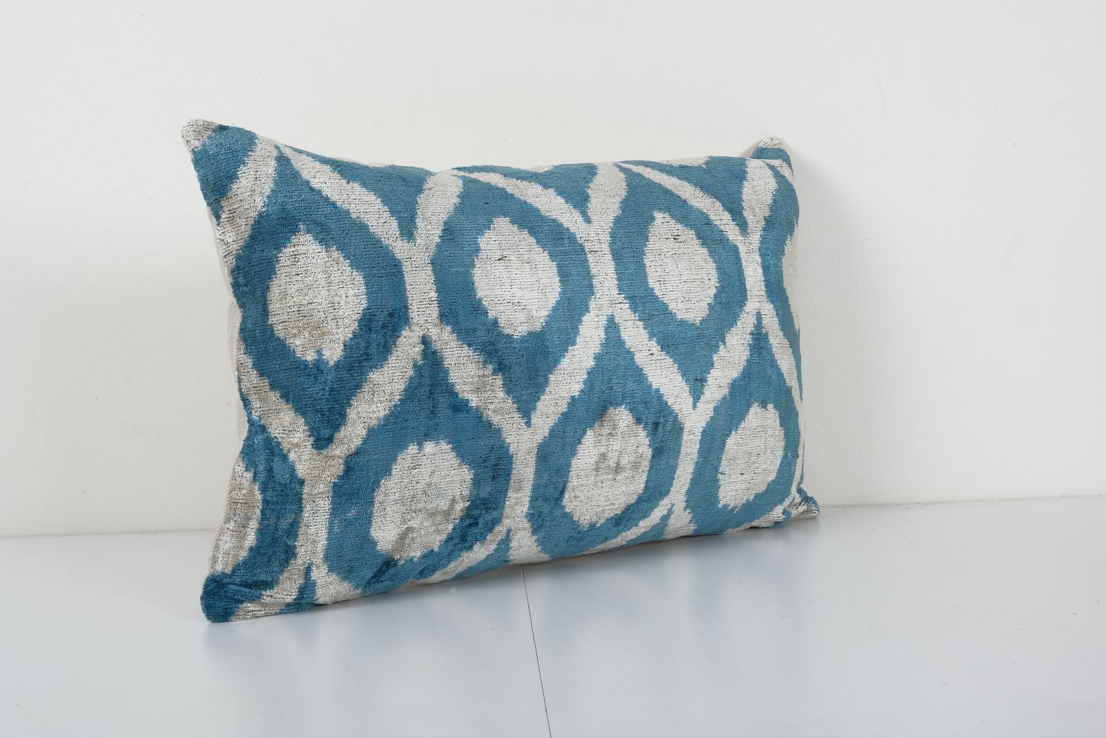 Ikat Lumbar Pillow, Sky Blue Silk Velvet Pillow Cover, Polka Dot Ikat Cushion Cover 16'' X 24'' photo furniture