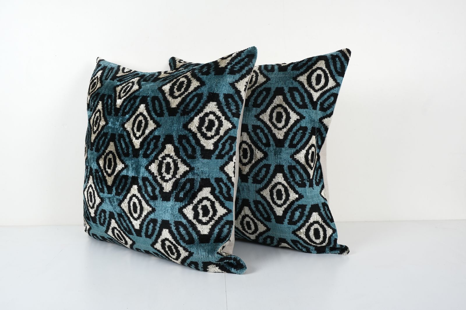Ikat Azure Blue Pillow Cover   Pair Silk Ethnic Velvet Square Pillow Cover   Set Ethnic Decorative Pillow   Velvet Ikat Pillow 24'' X 24'' photo furniture