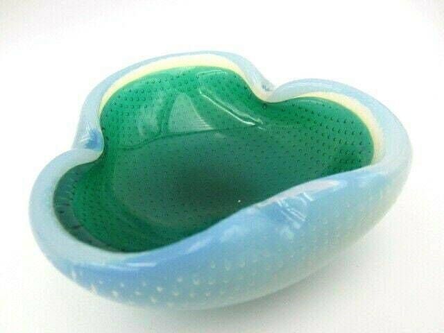 Murano Seguso Alabastro Green In Blue White Opal Bullicante Art Glass Bowl 50s photo vintage
