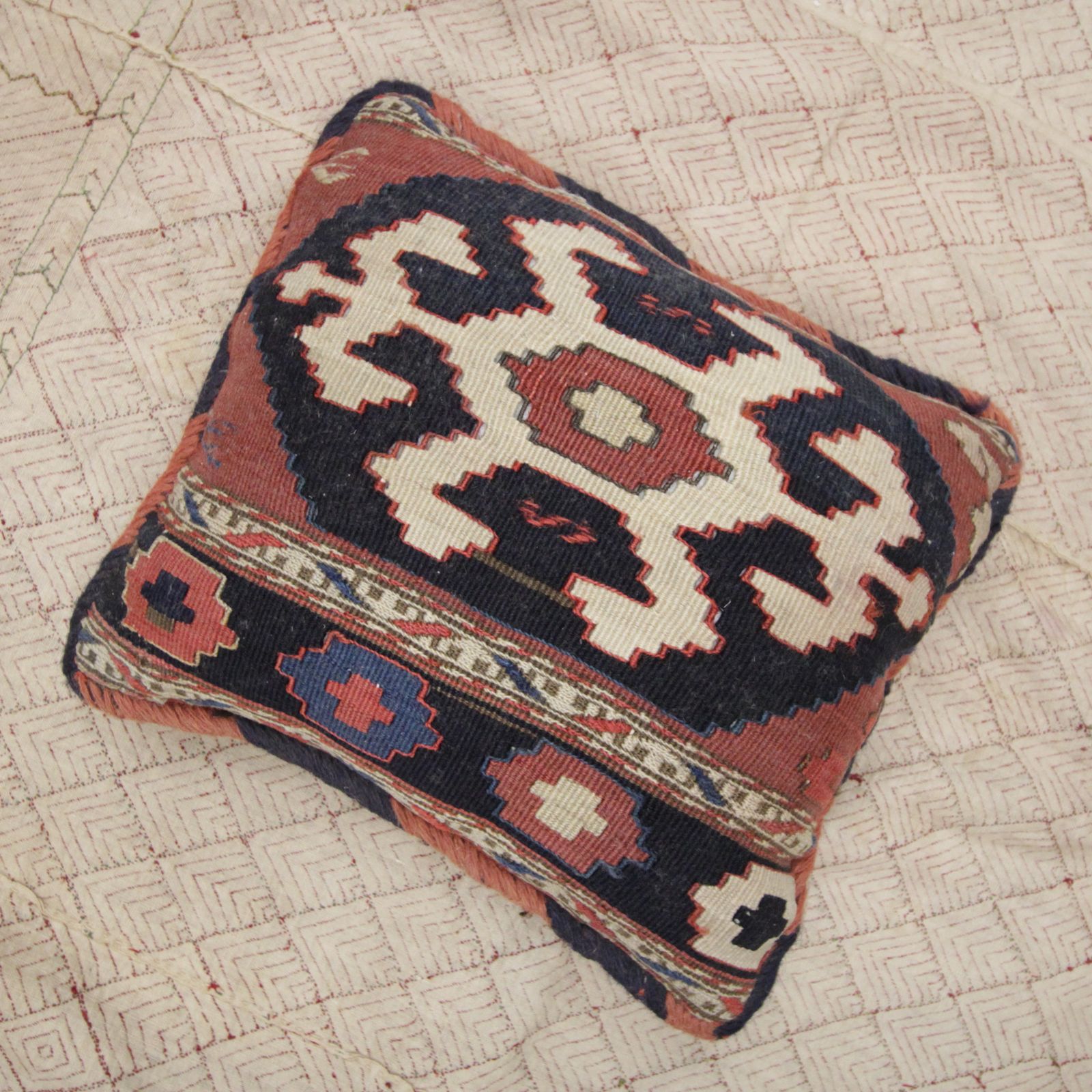 Antique Geometric Kilim Cushion Cover, Handwoven Wool Scatter Cushion