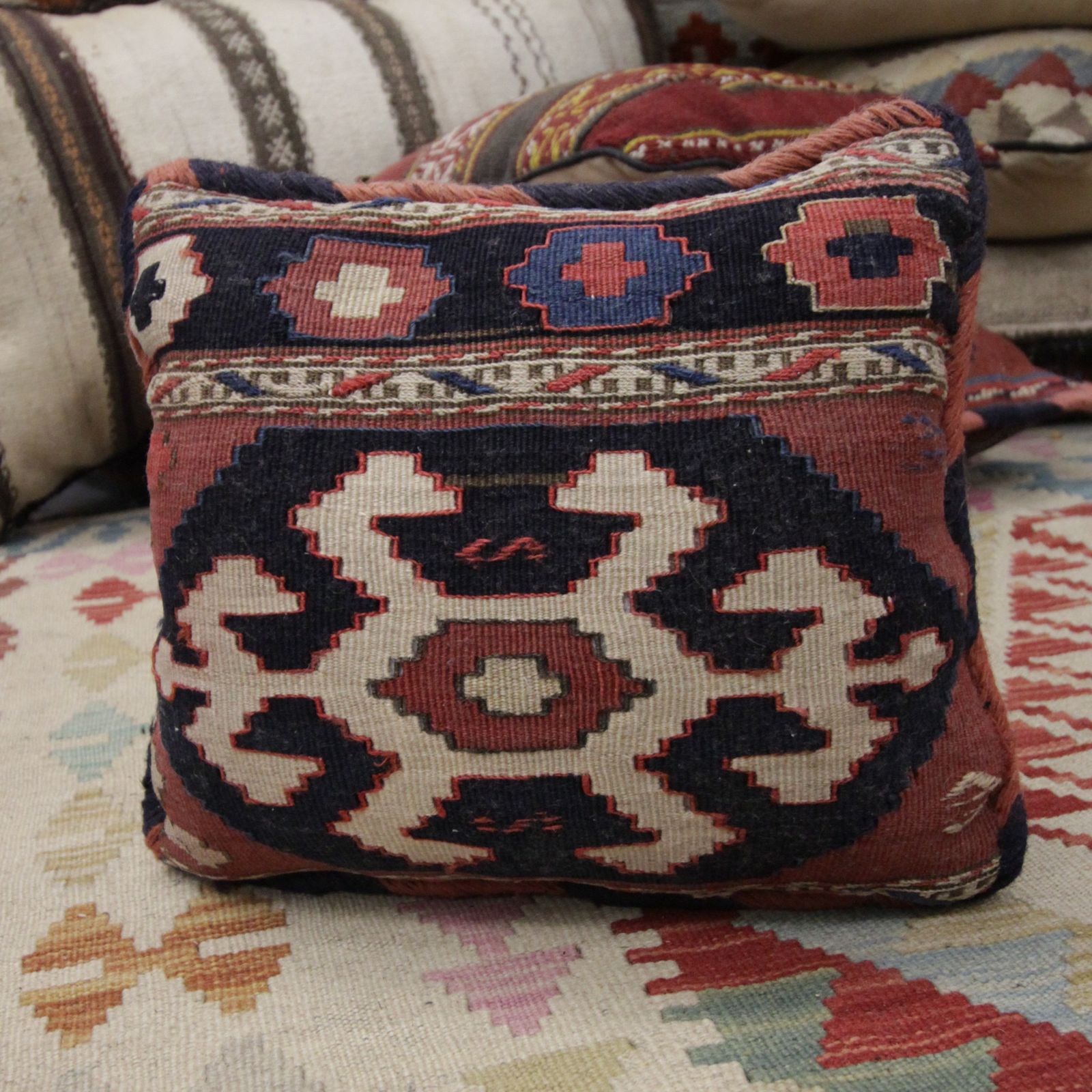 Antique Geometric Kilim Cushion Cover, Handwoven Wool Scatter Cushion photo for sale
