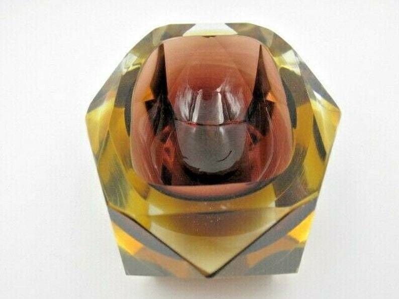Murano Brown And Amber Sommerso Art Glass Geometric Faceted Block Cut Bowl C60s photo Home Decor