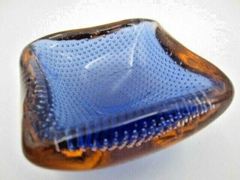 Galliano Ferro Murano Sommerso Blue And Amber Art Glass Bullicante Bowl 60s Rare photo furniture