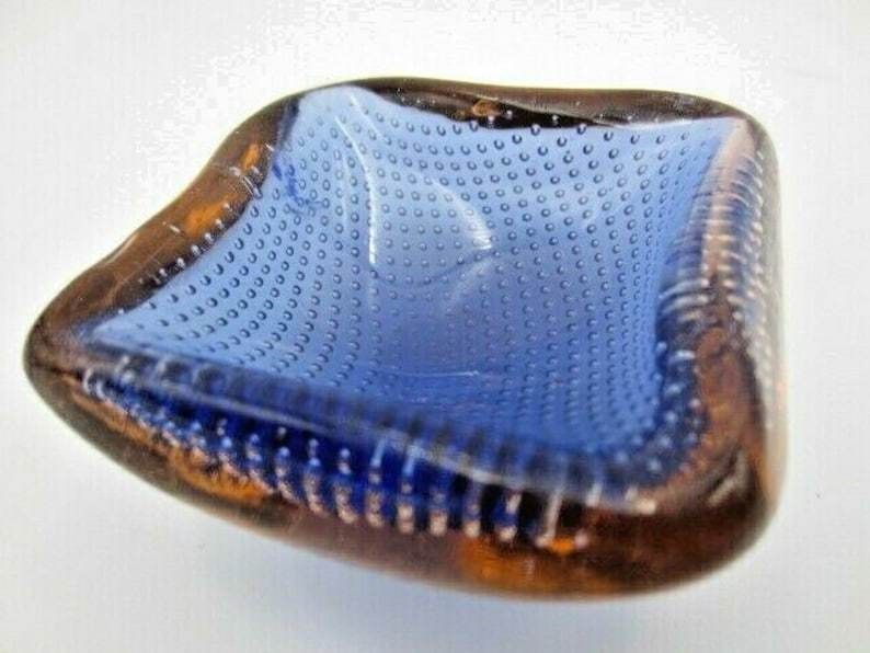 Galliano Ferro Murano Sommerso Blue And Amber Art Glass Bullicante Bowl 60s Rare photo for sale