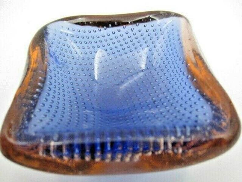 Galliano Ferro Murano Sommerso Blue And Amber Art Glass Bullicante Bowl 60s Rare photo 129.0