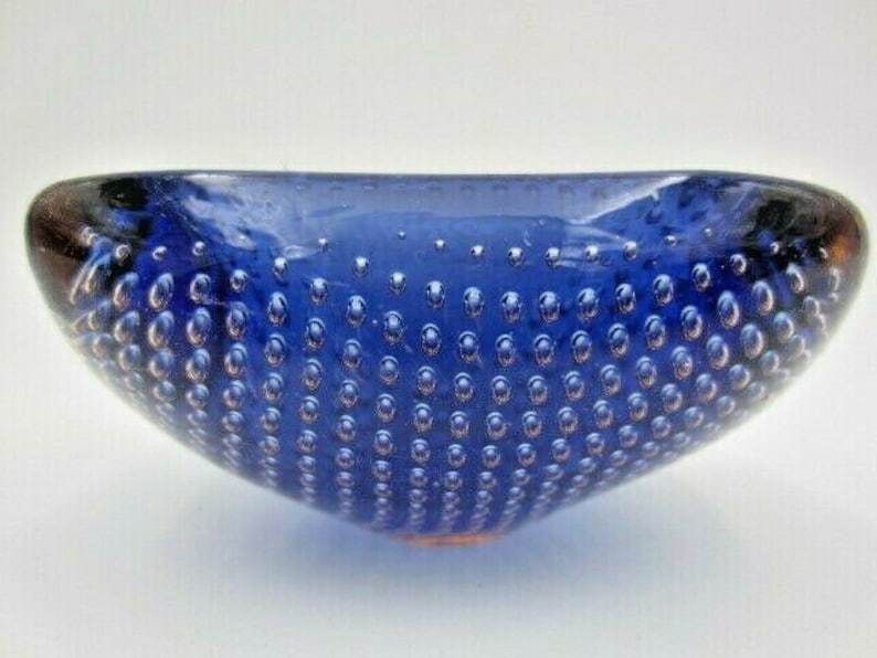 Galliano Ferro Murano Sommerso Blue And Amber Art Glass Bullicante Bowl 60s Rare photo vinterior