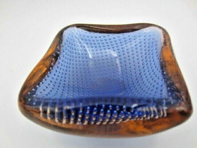 photo for sale Galliano Ferro Murano Sommerso Blue And Amber Art Glass Bullicante Bowl 60s Rare