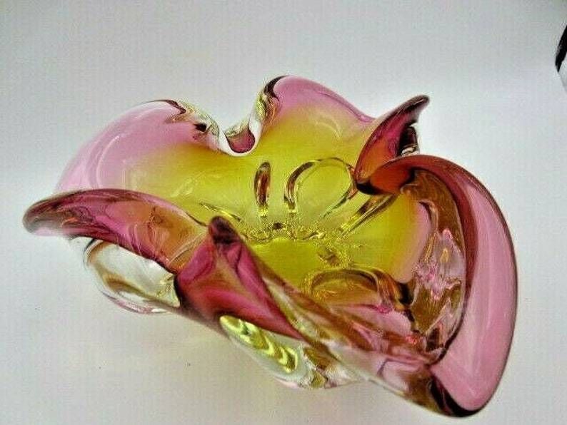 Murano Sommerso Style Chribska Pink And Gold Freeform Art Glass Bowl photo furniture
