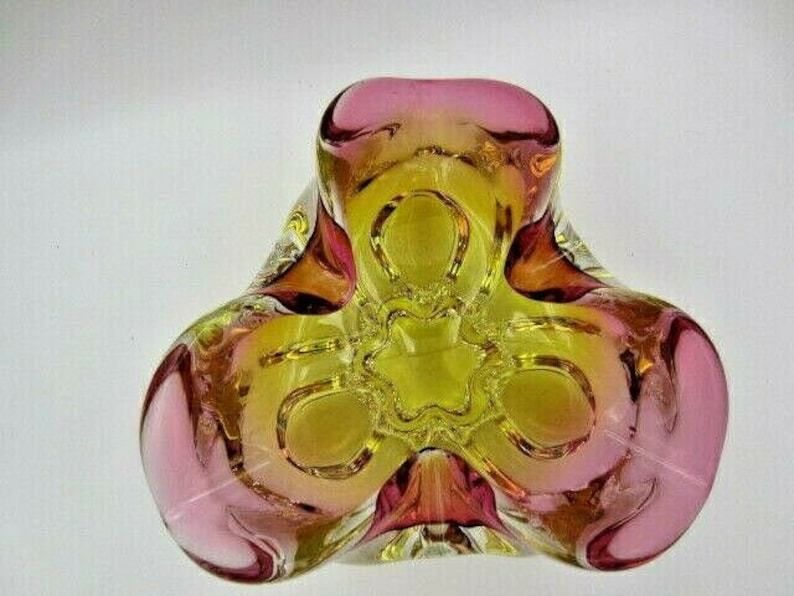 Murano Sommerso Style Chribska Pink And Gold Freeform Art Glass Bowl photo Home Decor