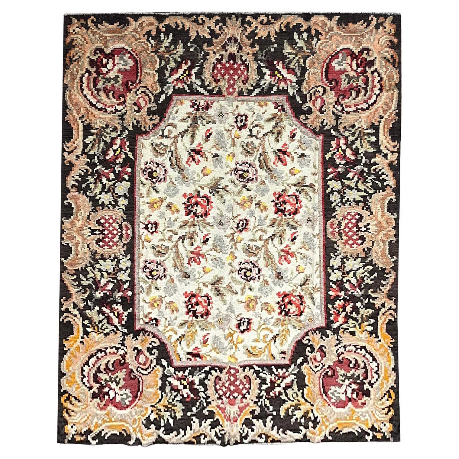 Moldovian Kilim Rug Floral Flatwoven Handmade Brown Wool Area Rug