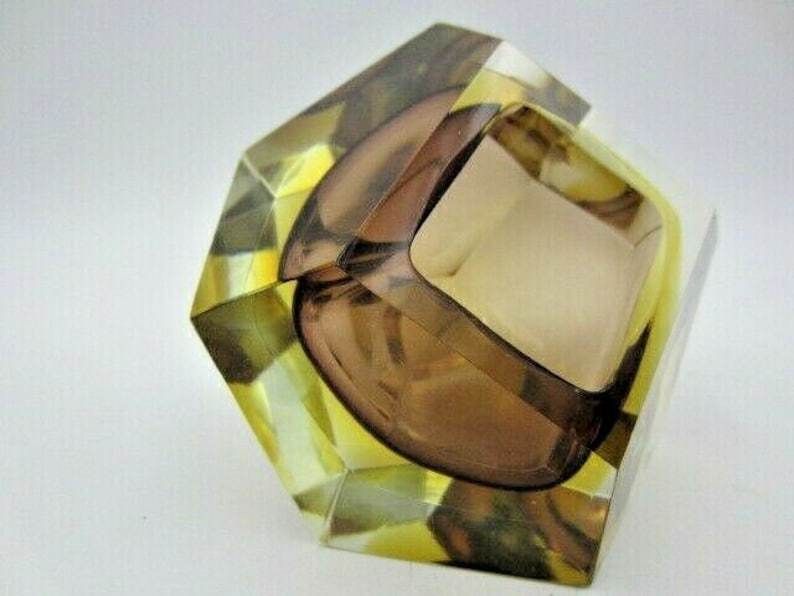 Flavio Poli Brown Amber Sommerso Diamond Faceted Murano Glass Bowl photo for sale