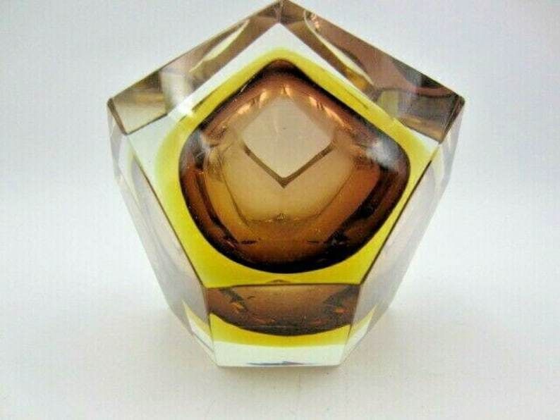 photo furniture Flavio Poli Brown Amber Sommerso Diamond Faceted Murano Glass Bowl