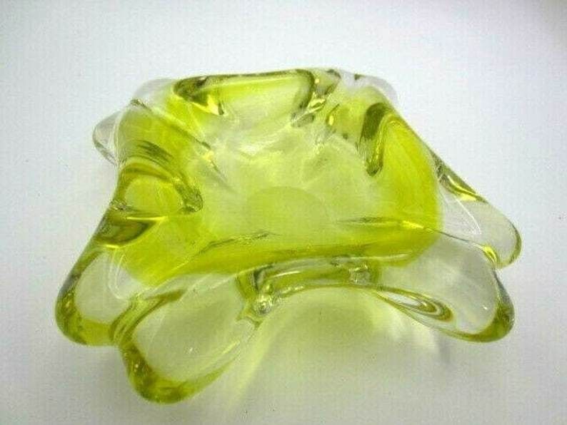 Mid Century Murano Freeform Yellow Sommerso Art Glass Bowl 1960s Retro photo Home Decor