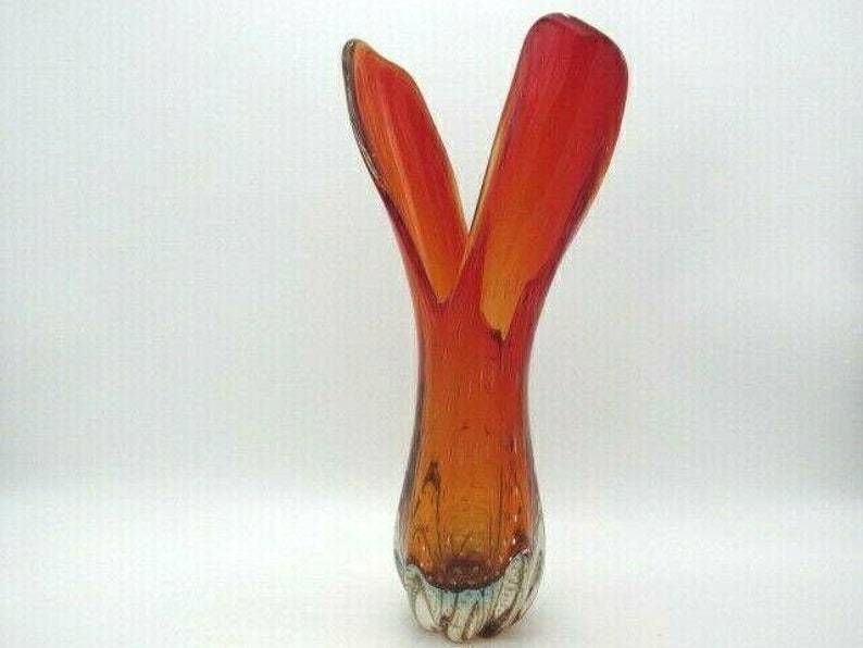 Murano 41cm Tall Red Amberina Venus Fly Trap Sommerso Art Glass Vase C1950s photo furniture