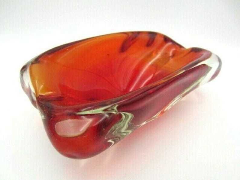 Red Lobed Murano Sommerso Art Glass Bowl Freeform Stunning Murano Sommerso photo for sale