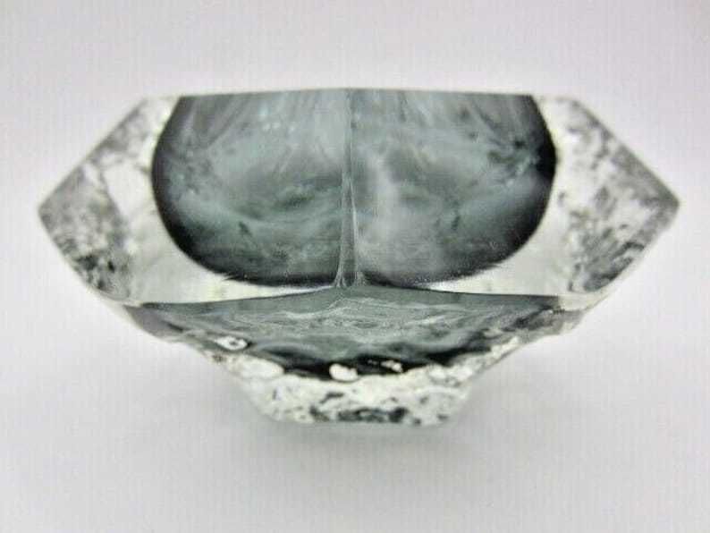 Murano Art Glass Sommerso Mandruzzato Faceted Bluey Grey Ice Glass Bowl photo vinterior
