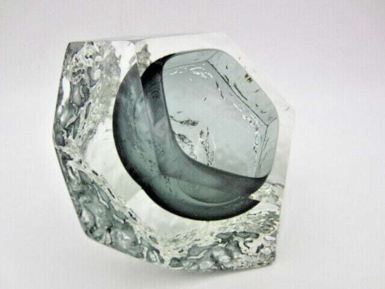 photo furniture Murano Art Glass Sommerso Mandruzzato Faceted Bluey Grey Ice Glass Bowl