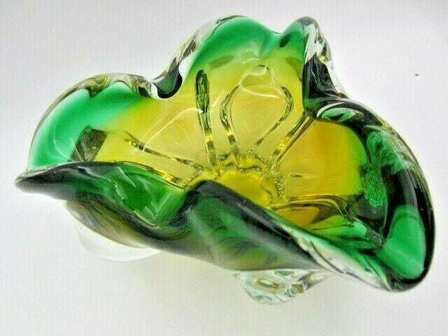 Sommerso Chribska Green And Orange Freeform Art Glass Bowl Dish photo vintage