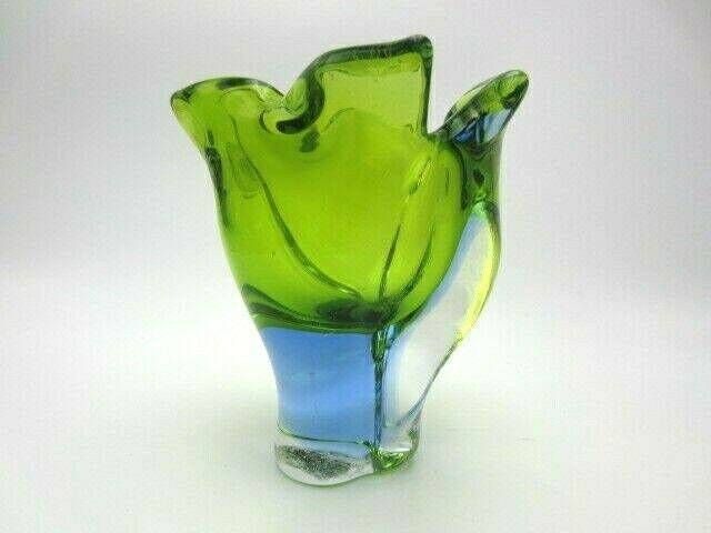 Beautiful Chribska Sommerso Style Green And Blue Art Glass Tulip Vase photo furniture