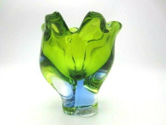 Beautiful Chribska Sommerso Style Green And Blue Art Glass Tulip Vase photo for sale