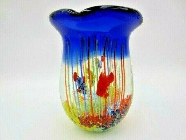 Fish Tank Aquarium Barbini Glass Vase, Cobalt Blue, Fish, Bubbles Reeds C1960s photo for sale