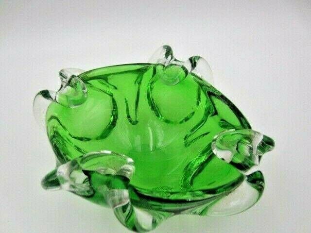 Green Murano Art Glass Bowl Sommerso Sculptural Unusual Ribbed Body 1960s photo 65.0