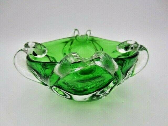 Green Murano Art Glass Bowl Sommerso Sculptural Unusual Ribbed Body 1960s photo buy