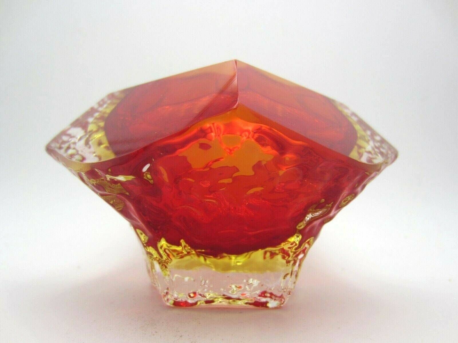 Murano Art Glass Sommerso Mandruzzato Faceted Red And Amber Ice Glass Bowl photo for sale