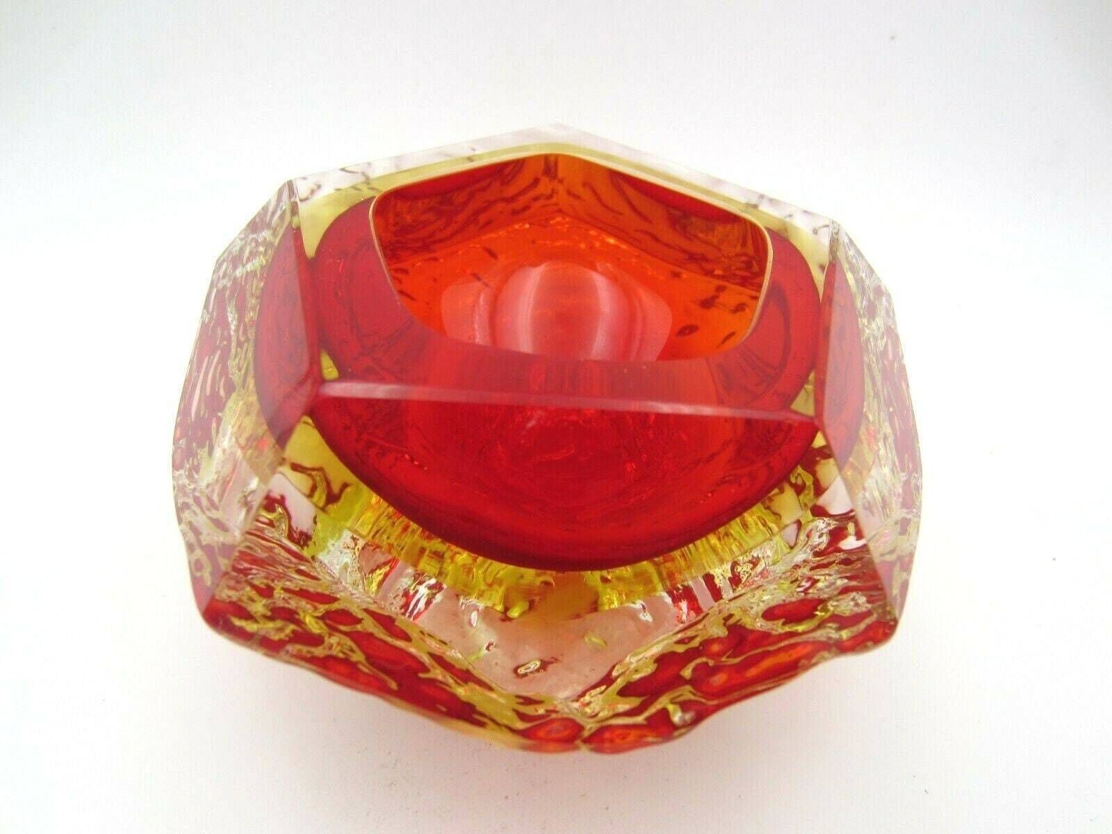 Murano Art Glass Sommerso Mandruzzato Faceted Red And Amber Ice Glass Bowl photo Home Decor